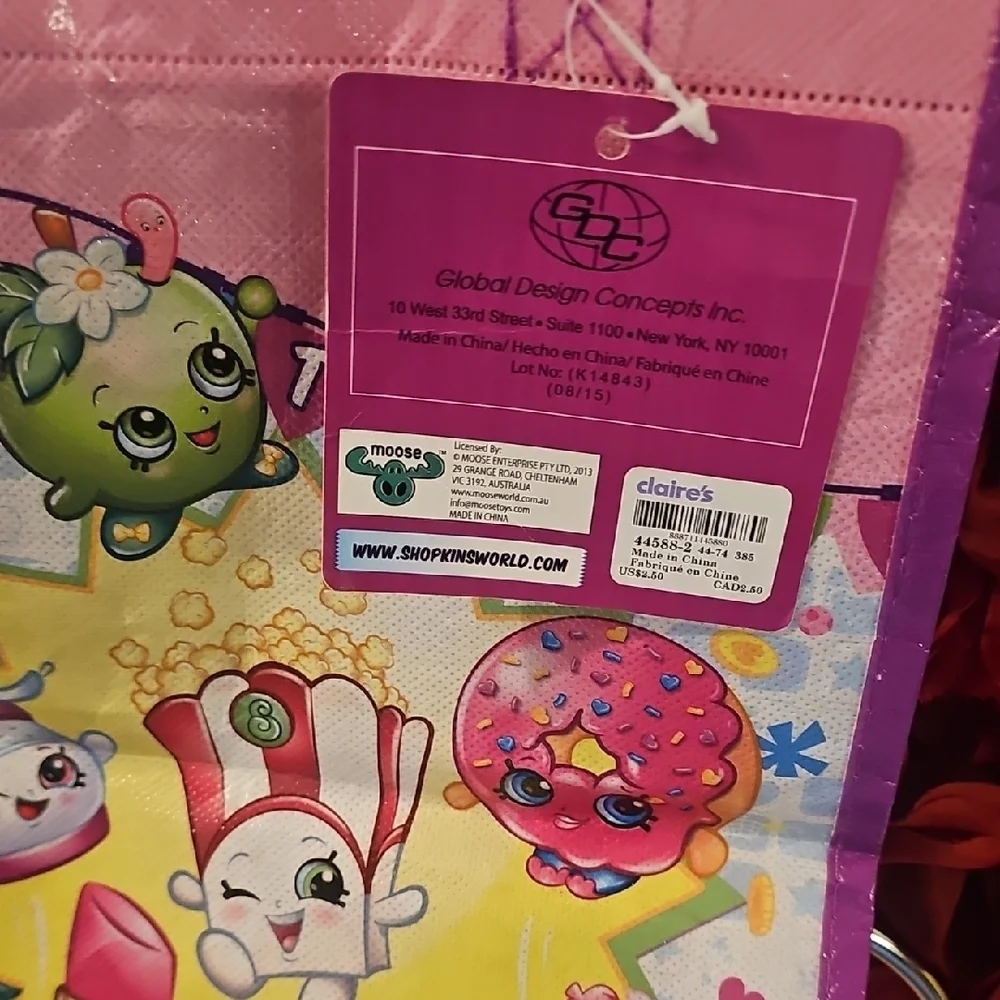 Shopkins NWT Kids Pink and Yellow Character Tote/Shopping Bag